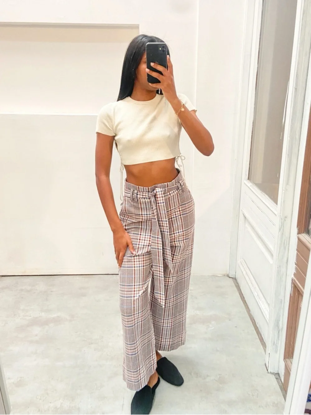 H&M Checked Tie-Waist Wide Leg Pants - Beige Plaid - Picture 2 of 13